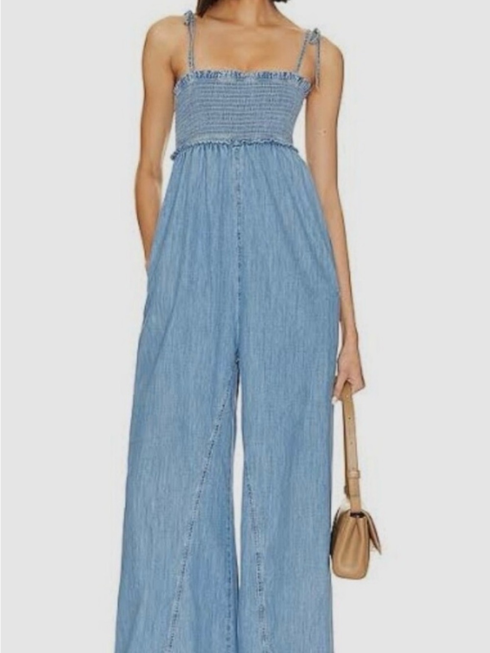 Free people Denim Smocked Wide-Leg Jumpsuit - Light Blue